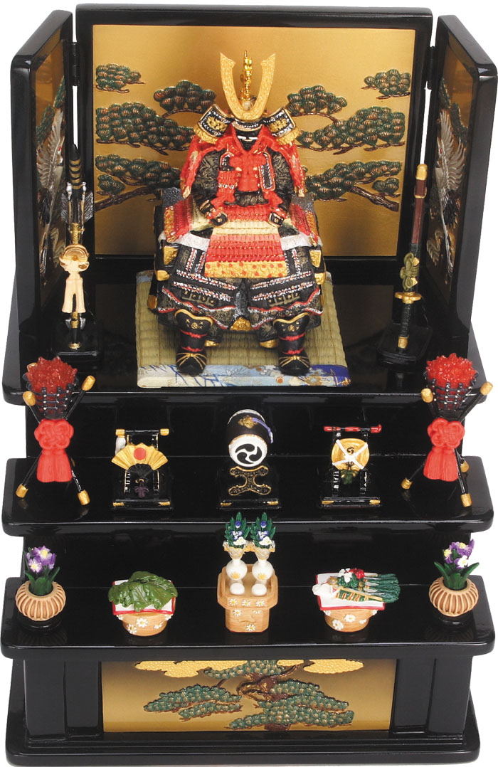 鎧大赤　三段飾り（小）黒　松に鶴